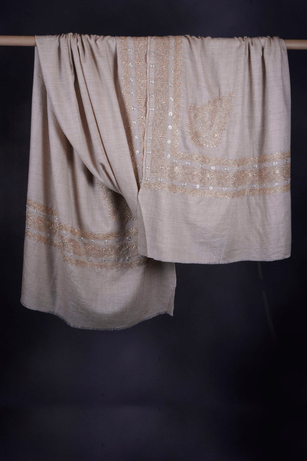 3 Yard Natural Base With Golden and Silver Tilla Embroidery Pashmina Shawl — pashmina shawl detail