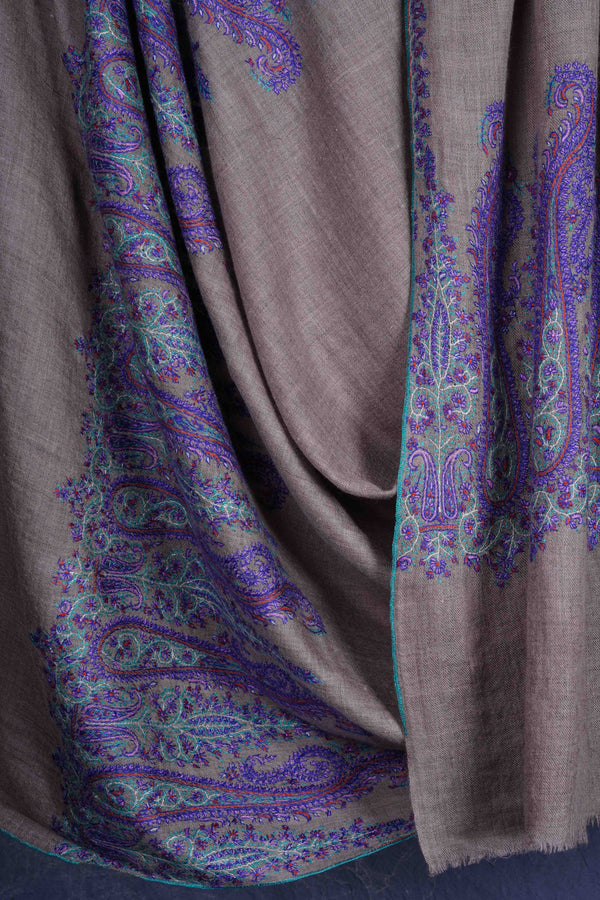 Natural Base With Purple Border Embroidery Cashmere Pashmina Shawl