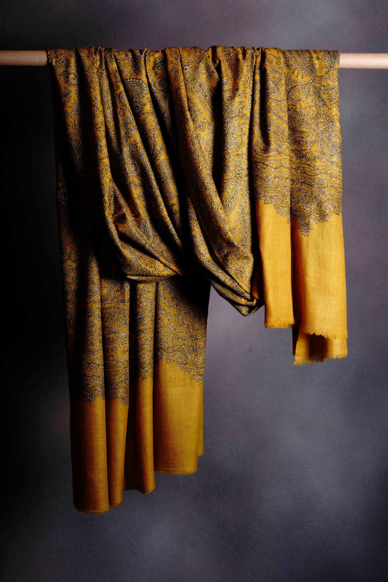 3 Yard Mustard yellow Pashmina Jamawar Full Embroidery Shawl