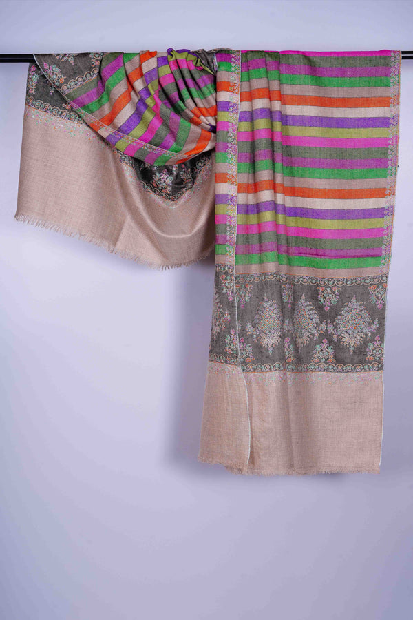 Multicolor Stripe Border Embroidery Cashmere Pashmina Shawl