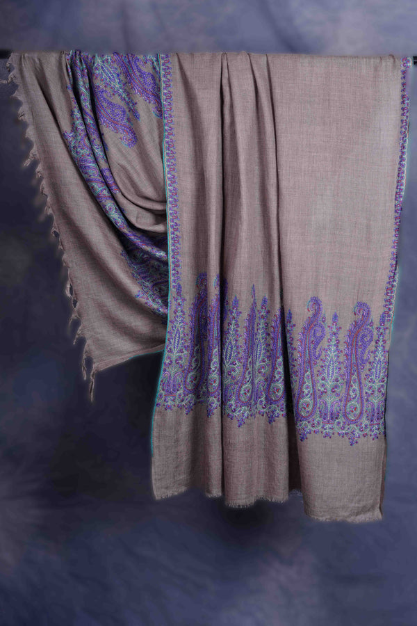 Natural Base With Purple Border Embroidery Cashmere Pashmina Shawl