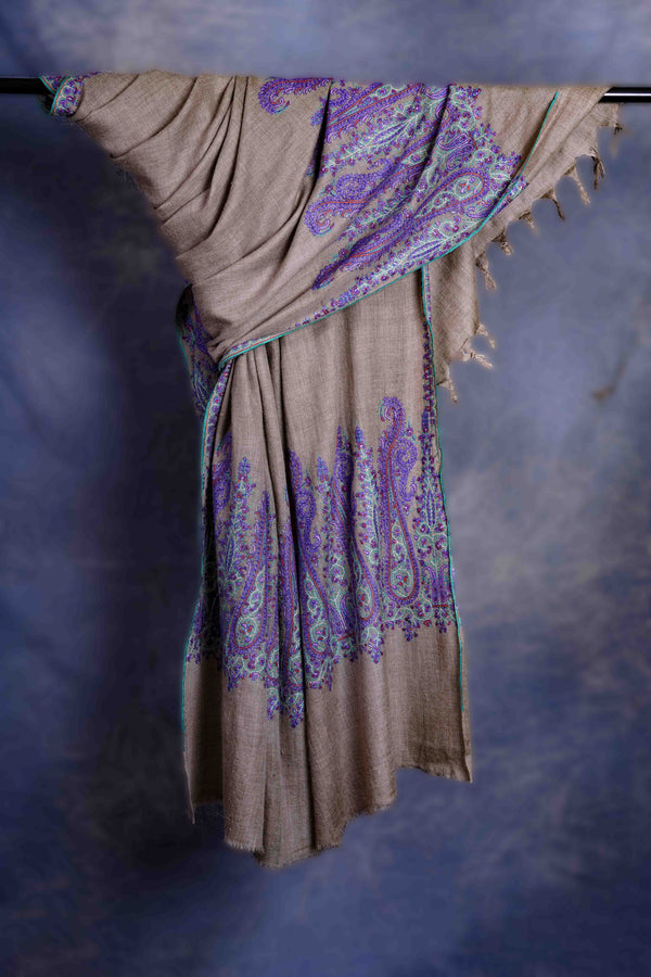 Natural Base With Purple Border Embroidery Cashmere Pashmina Shawl