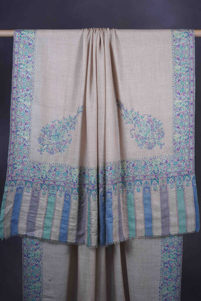 Ivory Base With Blue Cone Motif  Sozni Hand Embroidery Pashmina Shawl