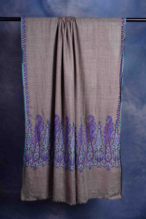 Natural Base With Purple Border Embroidery Cashmere Pashmina Shawl