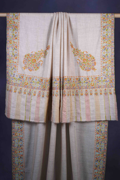 Ivory Base With Multicolor Cone Motif  Sozni Hand Embroidery Pashmina Shawl