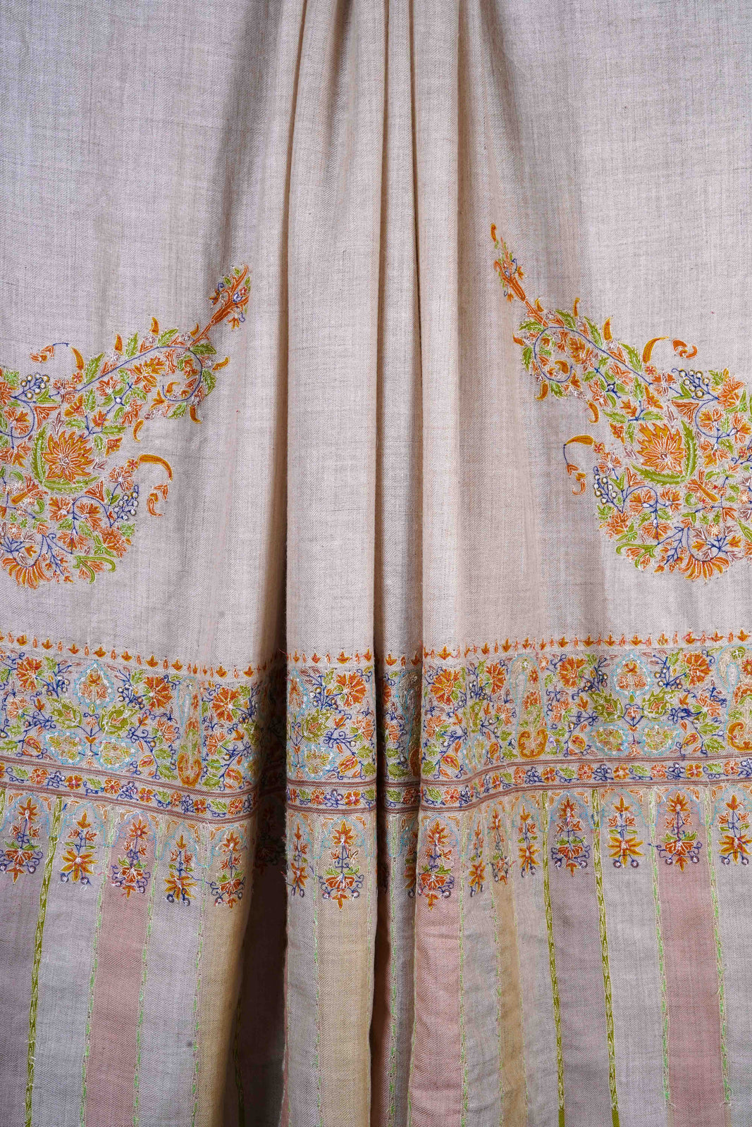 Ivory Base With Multicolor Cone Motif  Sozni Hand Embroidery Pashmina Shawl