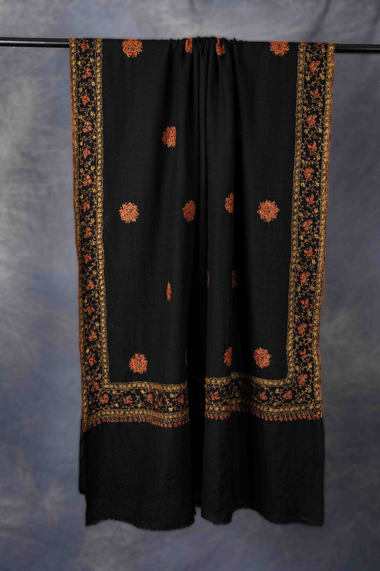 Black Base Buteh Motif Border Merino wool Embroidery Shawl