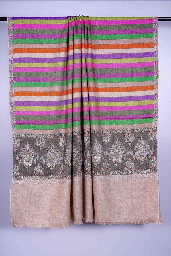 Multicolor Stripe Border Embroidery Cashmere Pashmina Shawl