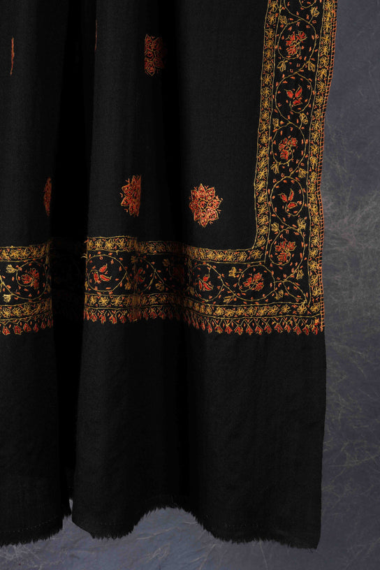 Black Base Buteh Motif Border Merino wool Embroidery Shawl