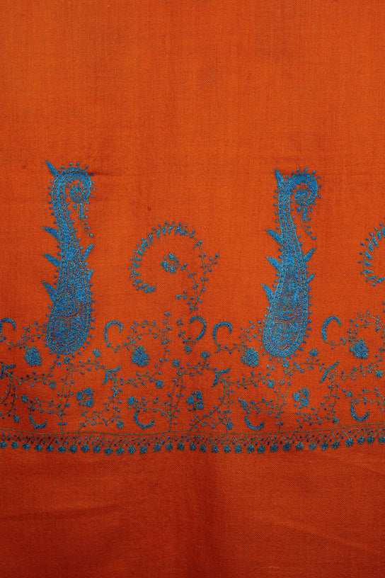 Orange Base Big Border Sozni Embroidery Merino Wool Scarf