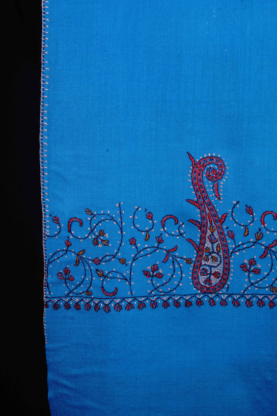 Dodger Blue Base Big Border Blue Sozni Embroidery Merino Wool Scarf