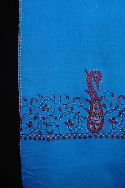 Dodger Blue Base Big Border Blue Sozni Embroidery Merino Wool Scarf