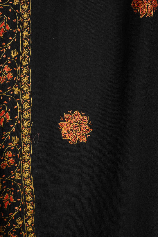 Black Base Buteh Motif Border Merino wool Embroidery Shawl