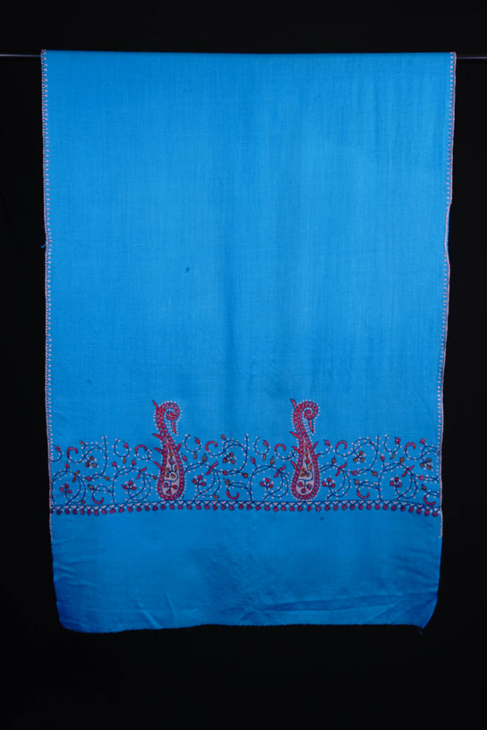 Dodger Blue Border Sozni Embroidery Merino Wool Scarf