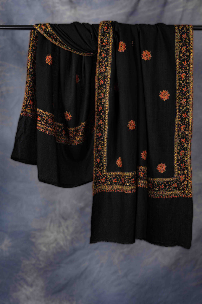 Black Base Buteh Motif Border Merino wool Embroidery Shawl