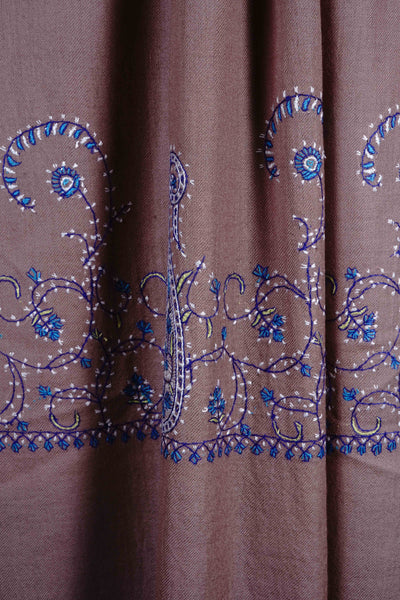 Natural Color with Blue Border Sozni Embroidery Merino Wool Scarf