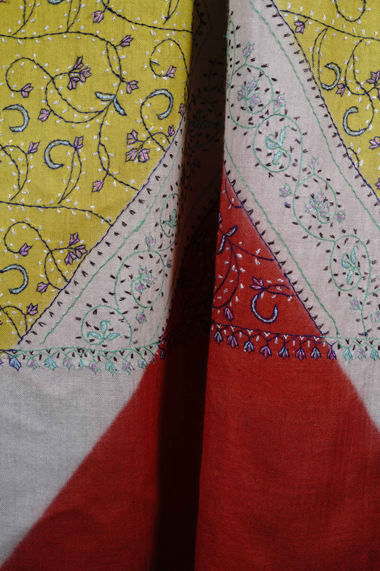 Rust,Ivory and Lemon Triple Dye Jali Sozni Embroidery Wool Stole