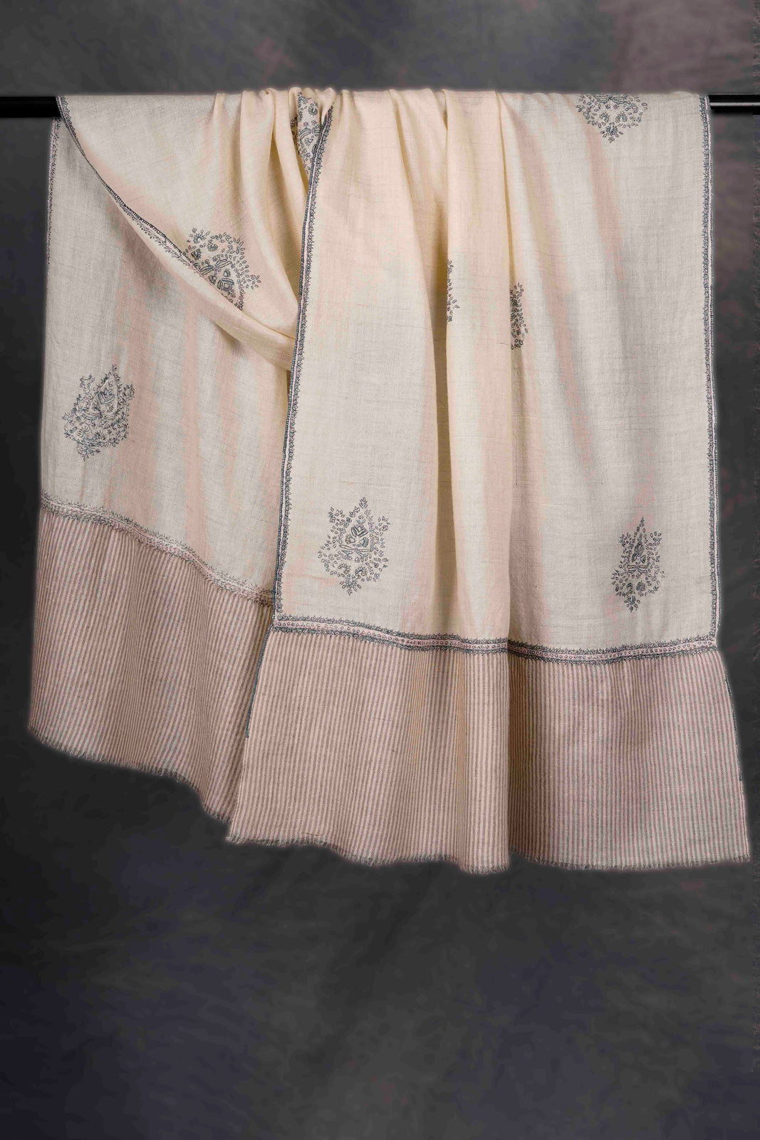 Ivory Small Border with Boteh Motif Embroidery Cashmere Pashmina Scarf