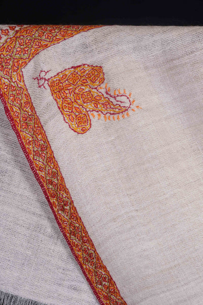 Ivory Base with Orange Border Embroidery Cashmere Pashmina Scarf