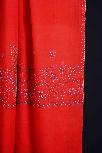 Red Big Border Sozni Embroidery Merino Wool Scarf