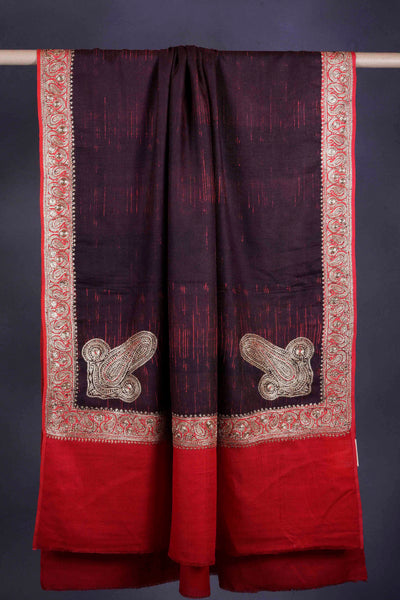 Maroon shade Red border Tilla Embroidery Pashmina Shawl