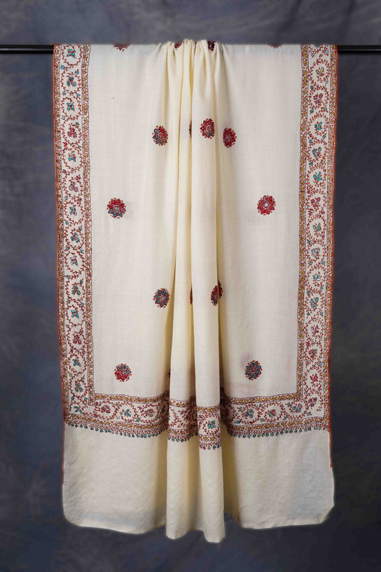 Ivory Base Buteh Motif Border Merino wool Embroidery Shawl