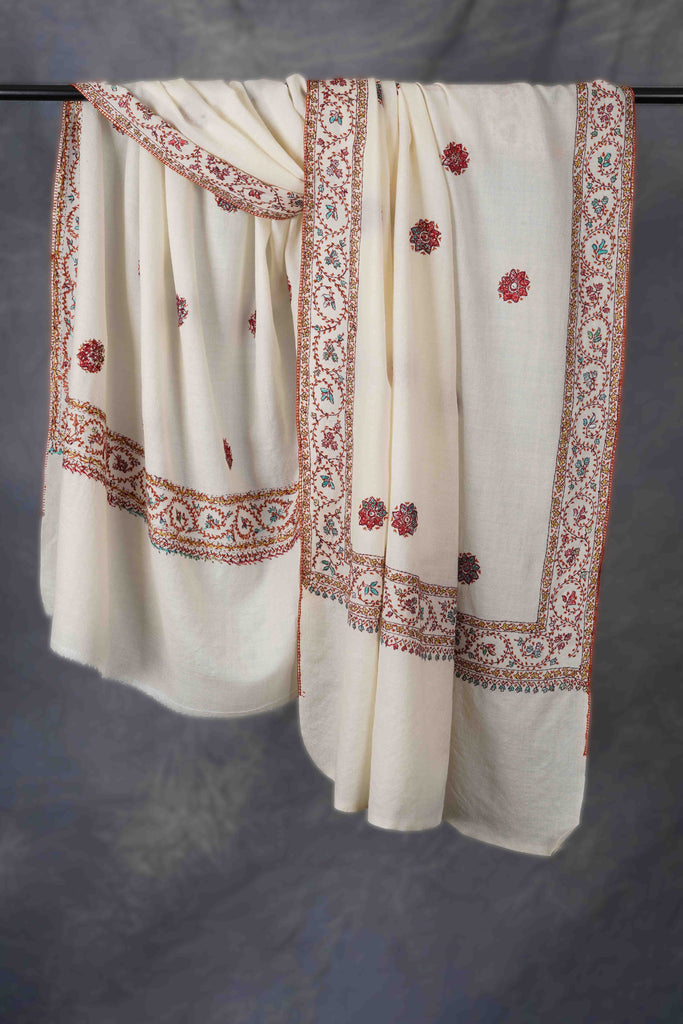 Ivory Base Buteh Motif Merino Embroidery Shawl