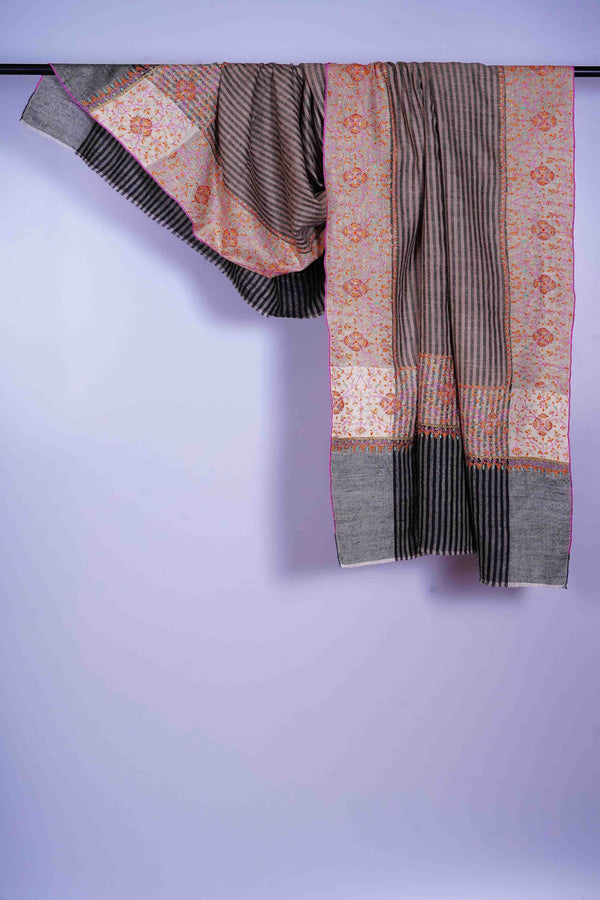 Black & Natural Stripe Embroidery Cashmere Pashmina Shawl