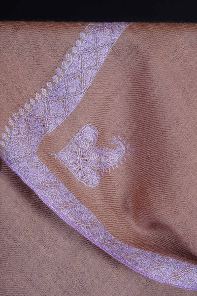 Natural Base Purple Border Embroidery Cashmere Pashmina Scarf