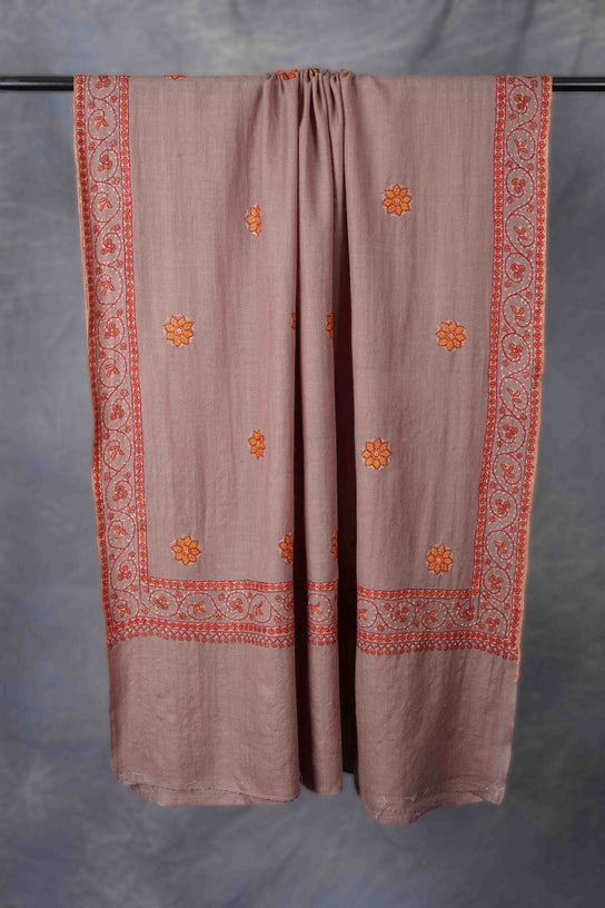 Beige Base Buteh Motif Border Merino wool Embroidery Shawl