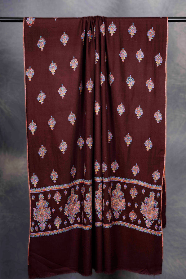 Brown Butti-Dar & Border Embroidery Cashmere Shawl