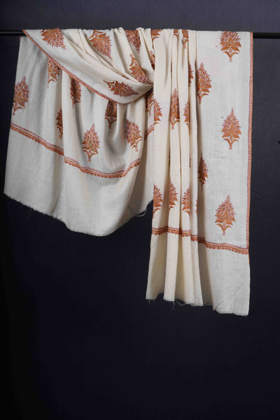 Ivory Base with Orange color Buteh-dar Embroidery Pashmina Cashmere Shawl
