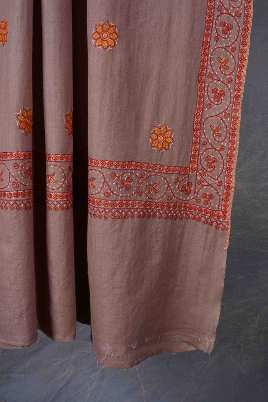 Beige Base Buteh Motif Border Merino wool Embroidery Shawl