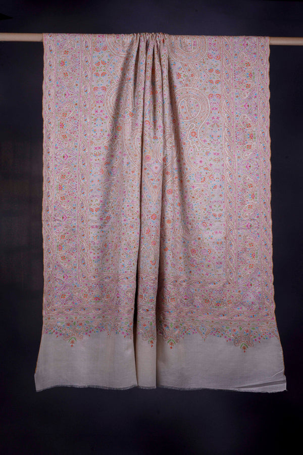 3 Yard Ivory Base with Tilla and Multicolor Embroidery Pashmina Shawl — Tilla gold embroidery pashmina shawl from Kashmir