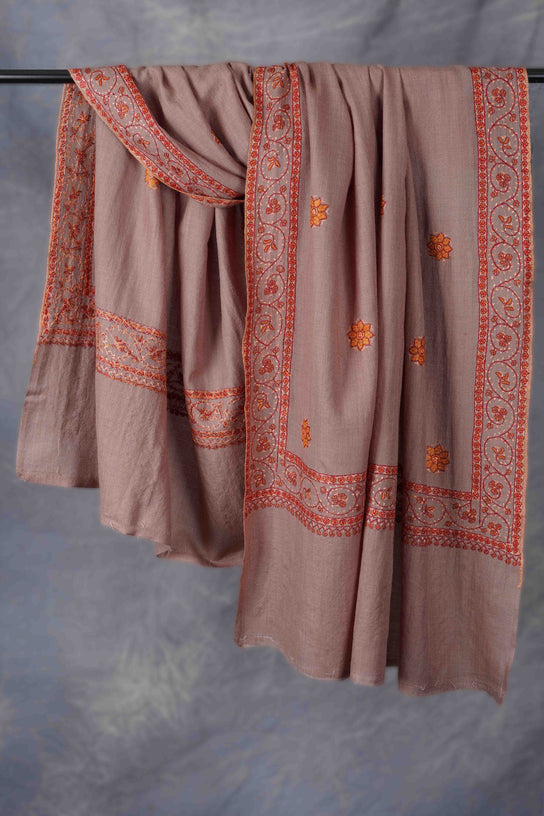 Beige Base Buteh Motif Border Merino wool Embroidery Shawl