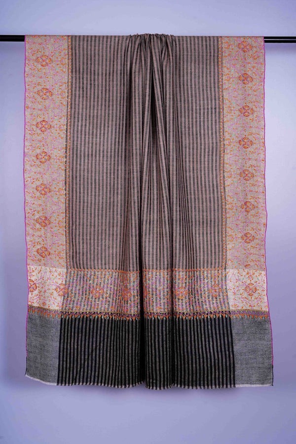 Black & Natural Stripe Embroidery Cashmere Pashmina Shawl