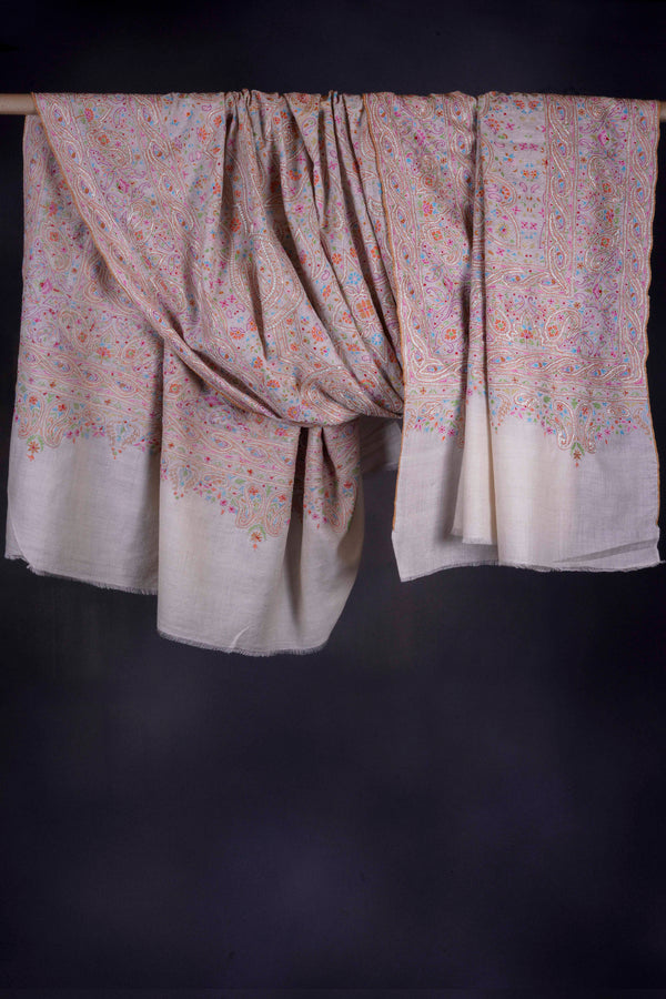 3 Yard Ivory Base with Tilla and Multicolor Embroidery Pashmina Shawl — pashmina shawl detail