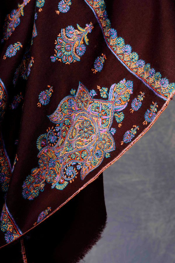 Brown Butti-Dar & Border Embroidery Cashmere Shawl