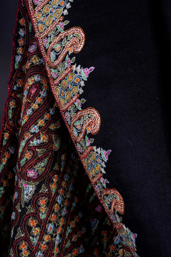 3 Yard Black Base with Tilla and Multicolor Embroidery Pashmina Shawl — Tilla gold embroidery pashmina shawl from Kashmir