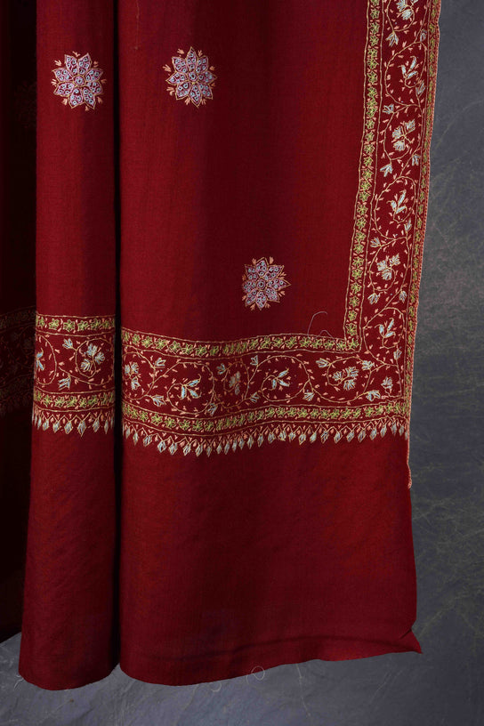 Maroon Buteh Motif Merino wool Embroidery Shawl