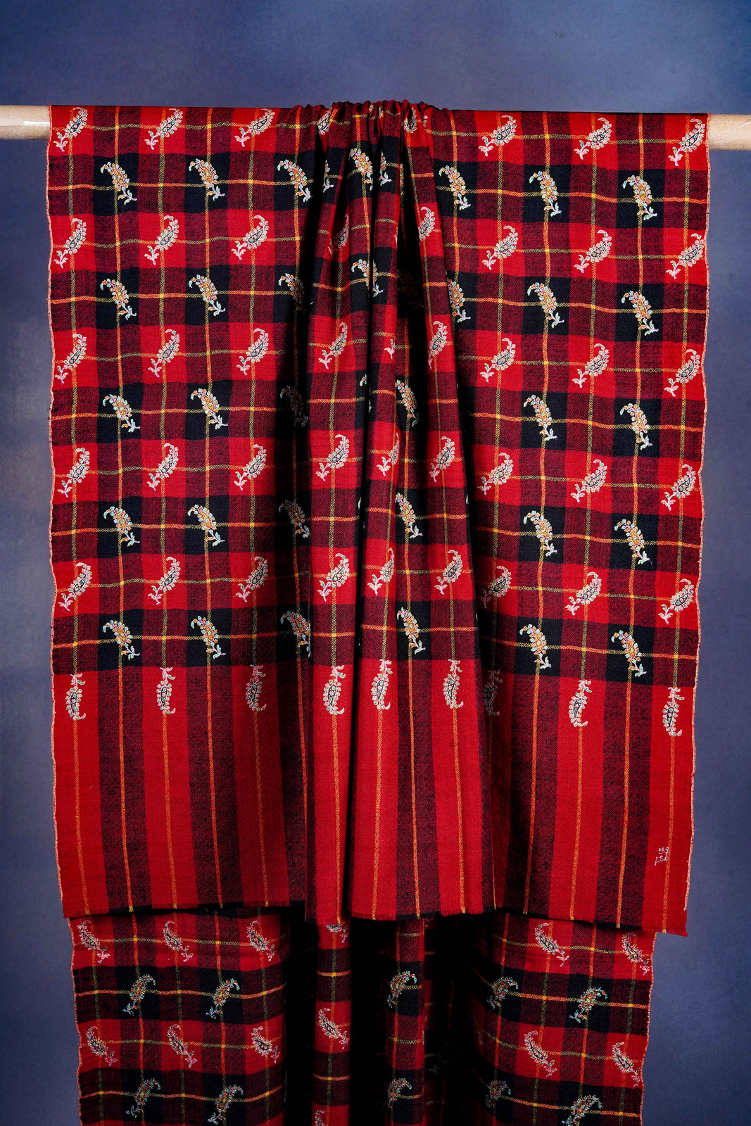 Red Check Embroidery Pashmina Cashmere Shawl