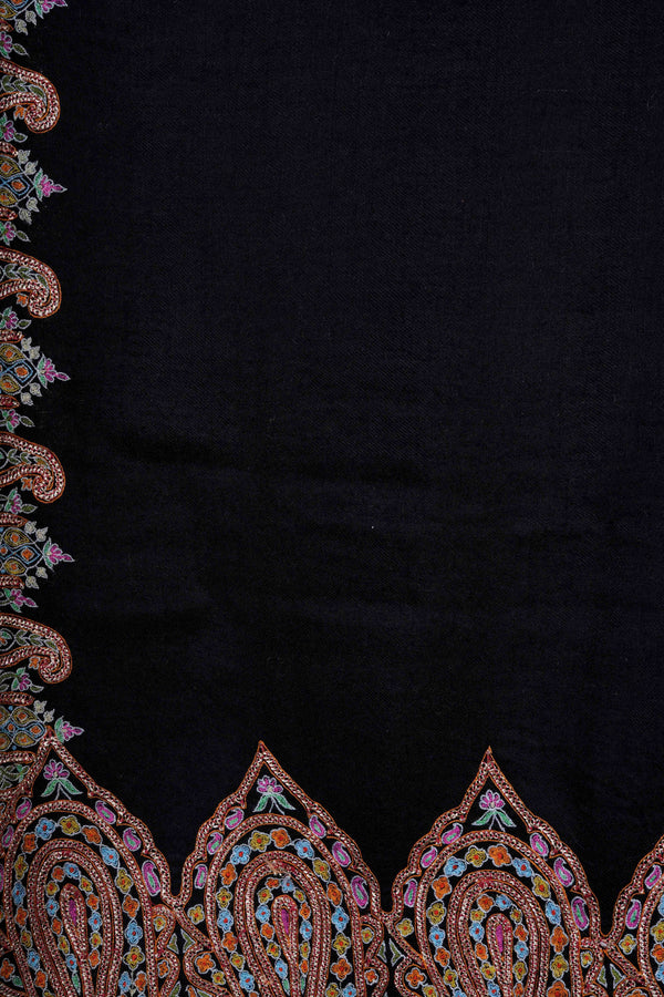 3 Yard Black Base with Tilla and Multicolor Embroidery Pashmina Shawl — pashmina shawl detail