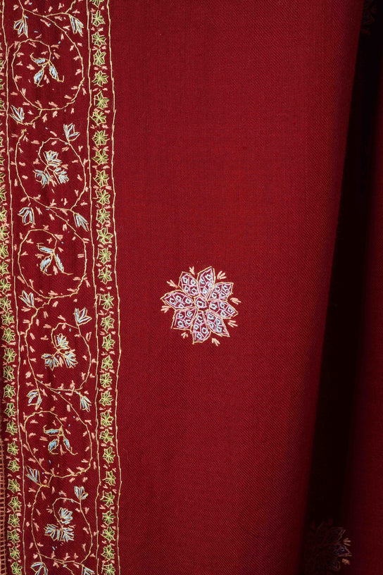 Maroon Buteh Motif Merino wool Embroidery Shawl