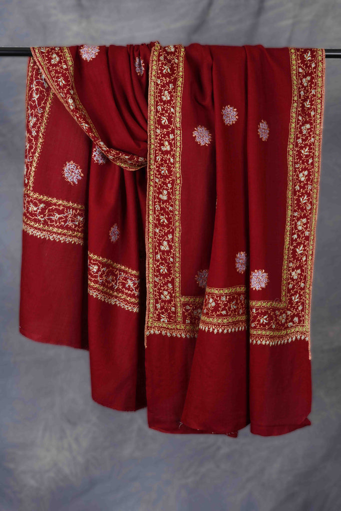 Maroon Buteh Motif Merino wool Embroidery Shawl