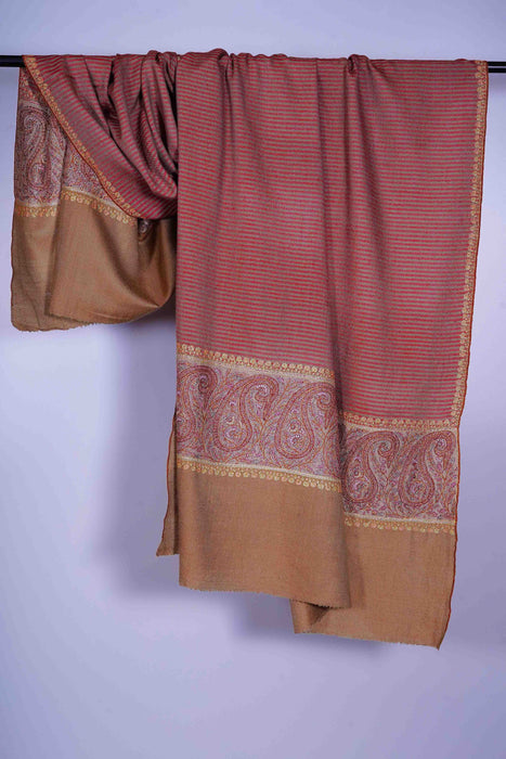 Red & Natural Stripe Embroidery Cashmere Pashmina Shawl