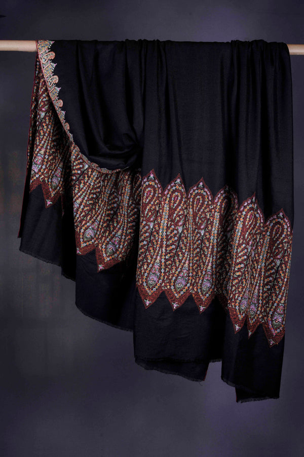 3 Yard Black Base with Tilla and Multicolor Embroidery Pashmina Shawl