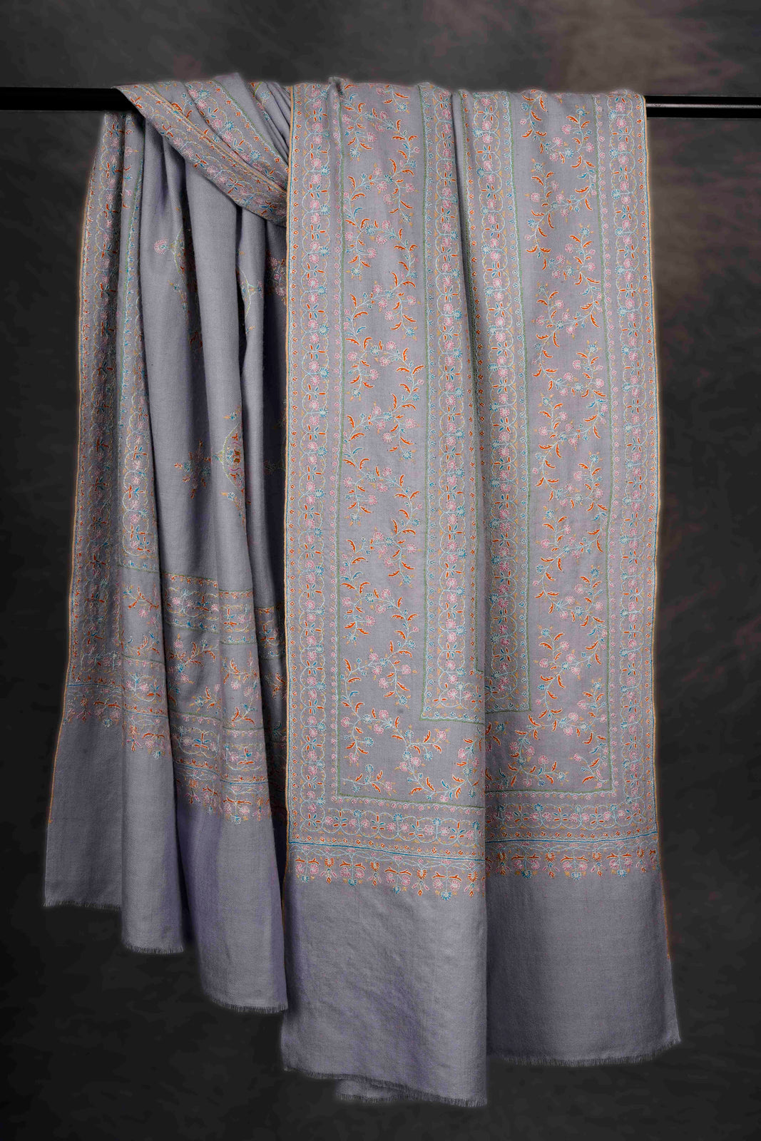 Grey Big Border and Boteh Motif Embroidery Cashmere Pashmina Shawl