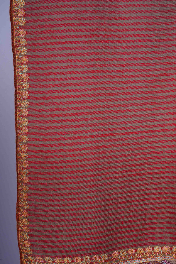 Red & Natural Stripe Embroidery Cashmere Pashmina Shawl