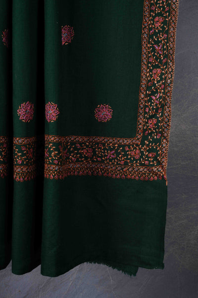 Dark Green Base Buteh Motif Border Merino wool Embroidery Shawl