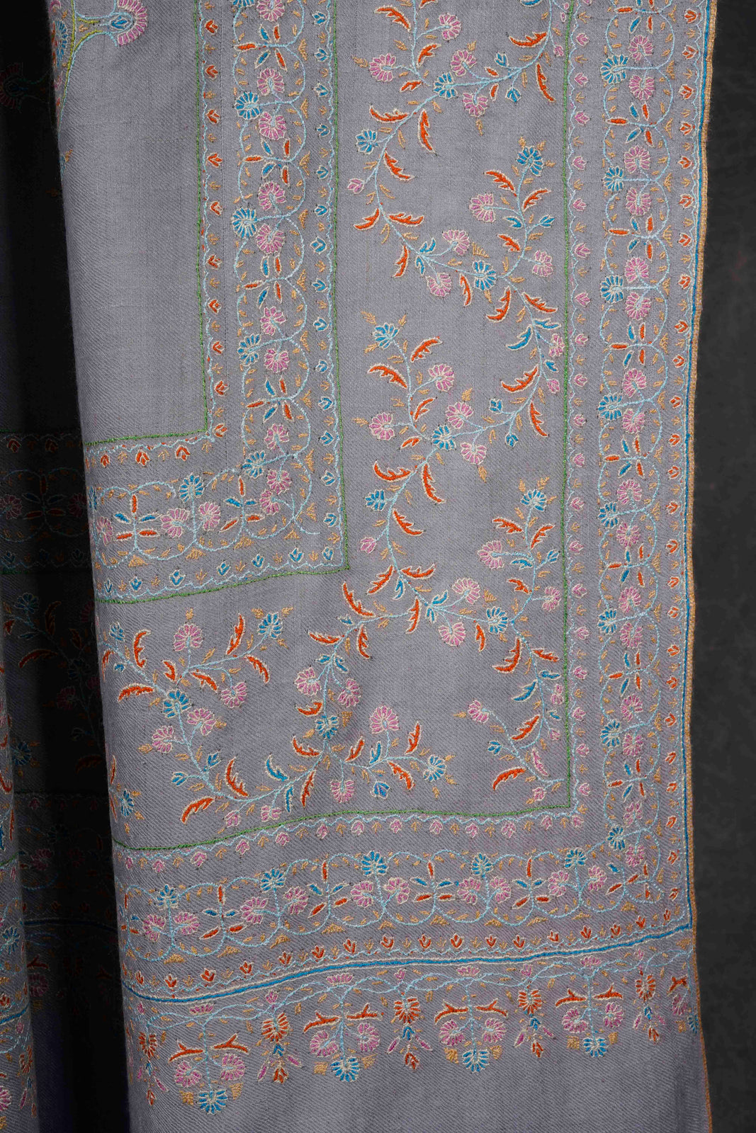 Grey Big Border and Boteh Motif Embroidery Cashmere Pashmina Shawl